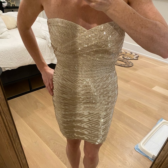 Herve Leger Strapless Bandage Mini Dress in Nude/Champagne - Picture 4 of 7